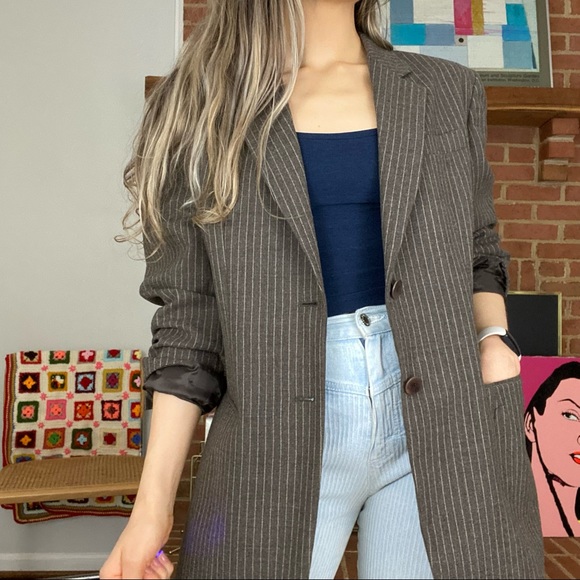 Dkny Jackets & Blazers - Vintage 90s DKNY Wool Oversized Boyfriend Blazer 2 Button Brown Pinstripe Pocket